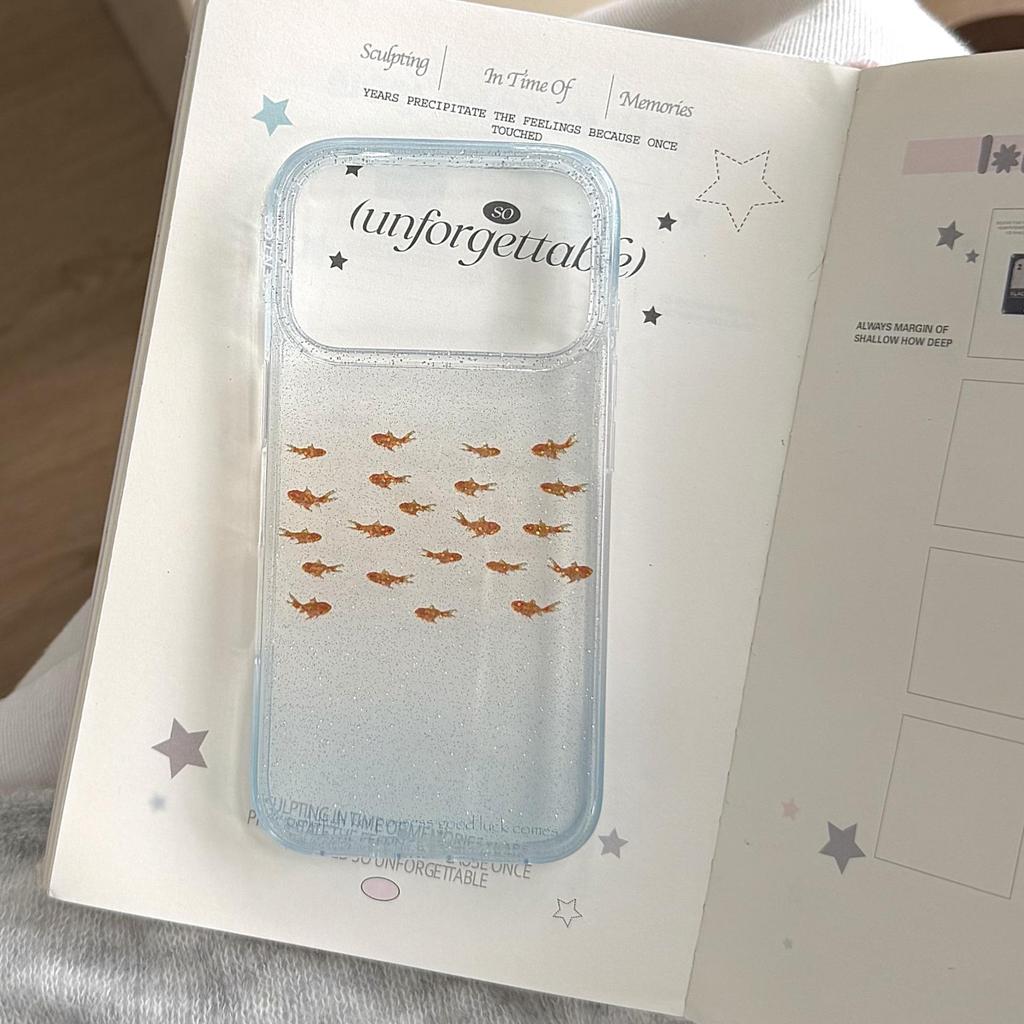 Korean Style Gold Foil Goldfish Phone Case for iPhone 14/15/16/17 Pro Max