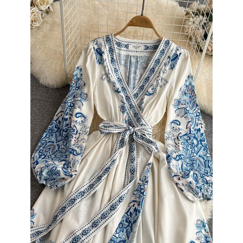 Spring and Autumn Bubble Long Sleeve Elegance Print Dress