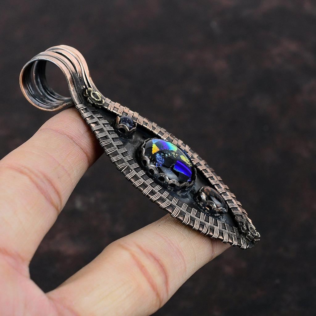American Dichroic Glass Pendant Mahogany Obsidian And Blue Sunstone Pendant Copper Wire Wrapped Gemstone Pendant Handmade Jewelry For Gift