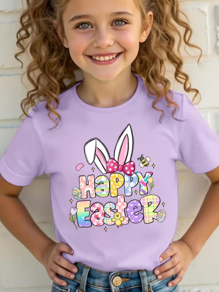2026 Happy Easter T-Shirt for Girls Bunny Cute Rabbit Ear Letter Graphic Summer Tee Boys Girls Short Sleeve Children's Clothing