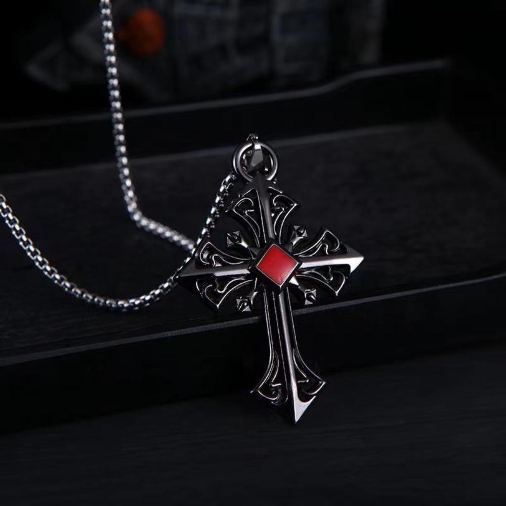 Fashion Personality Hollowed Out Pattern Red Gemstone Cross Pendant Necklace for Men Women Gothic Punk Halloween Jewelry Gifts