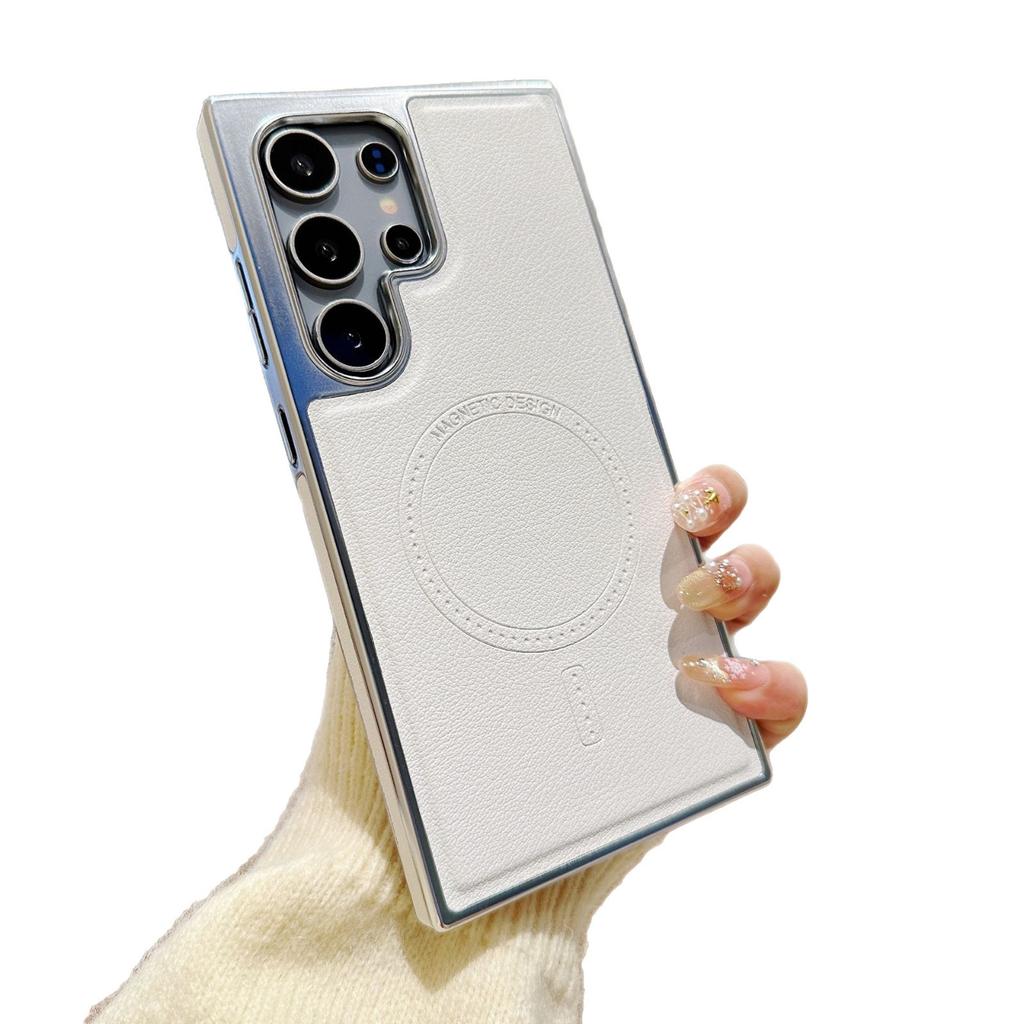 Samsung S25 Ultra Electroplated Leather Pattern Magnetic Suction Phone Case Samsung S24 Ultra Anti Fall and Anti Slip Skin Feeling Shell
