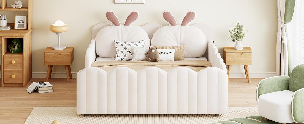140x200 Upholstered Platform Bed with Rabbit-Shaped Cushion, Beige