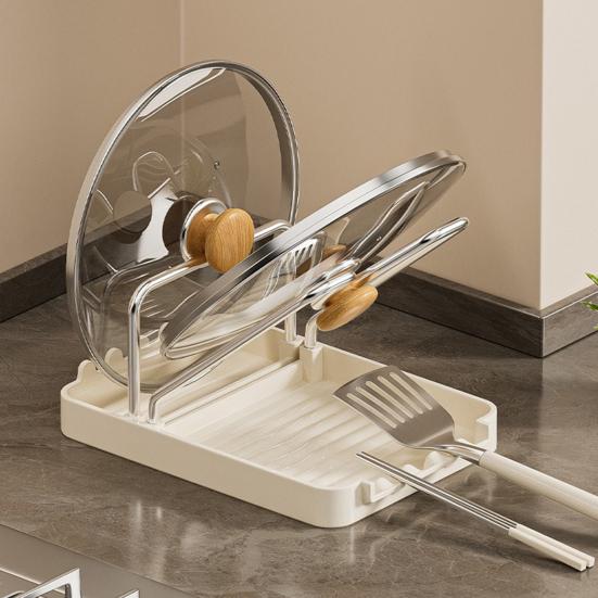 Pot Lid Storage Rack Kitchen Pot Lid Stand with Drain Tray Spoon