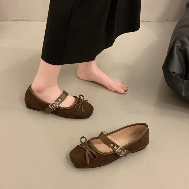 Bow Flats Autumn New Fashion Square Toe Shallow Suede Bow Metal Buckle Slip Strap Soft Sole Low Top Shoes