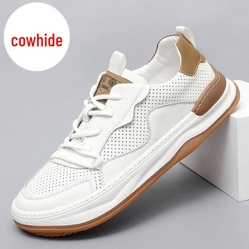 Men s Summer Hollow Breathable Genuine Leather White Shoes - Thick Sole Casual Sports Trendy Sneakers Size 40