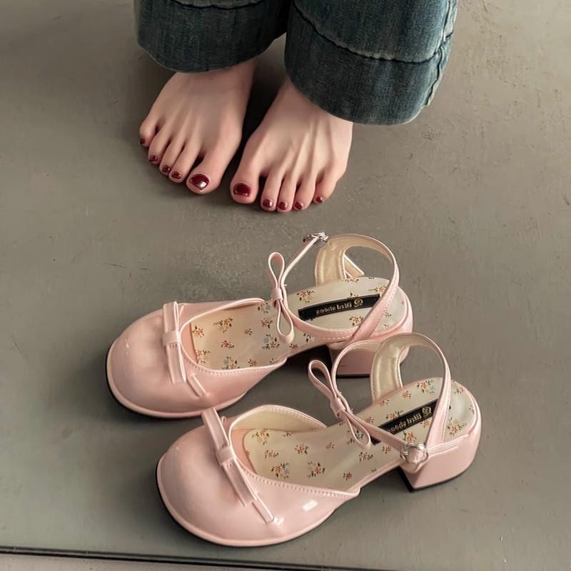 Fairy style bow women's wedge heel single shoes wear summer open-toed square head with skirt temperament high-heeled slippers tide