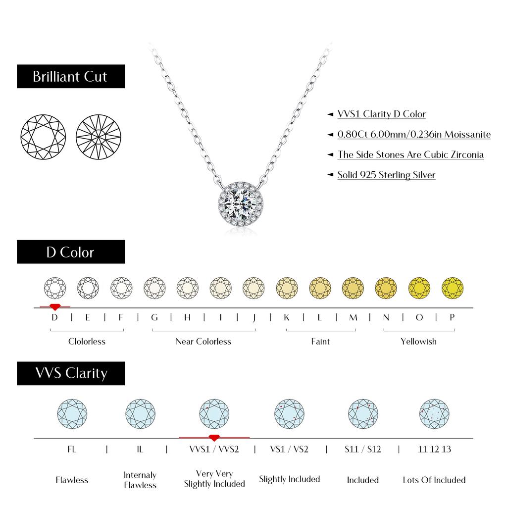MODIAN 0.8 Carat D Classic Halo Moissanite Pendant Necklace 925 Silver Lab Diamond Wedding Jewelry For Women