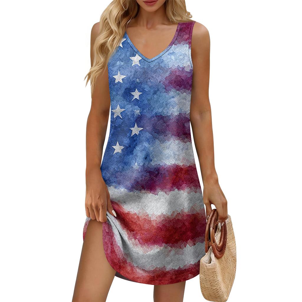Women's Summer Casual Sun Skirt With Pocket V-Neck Independence Day Printed Loose Vest Dress