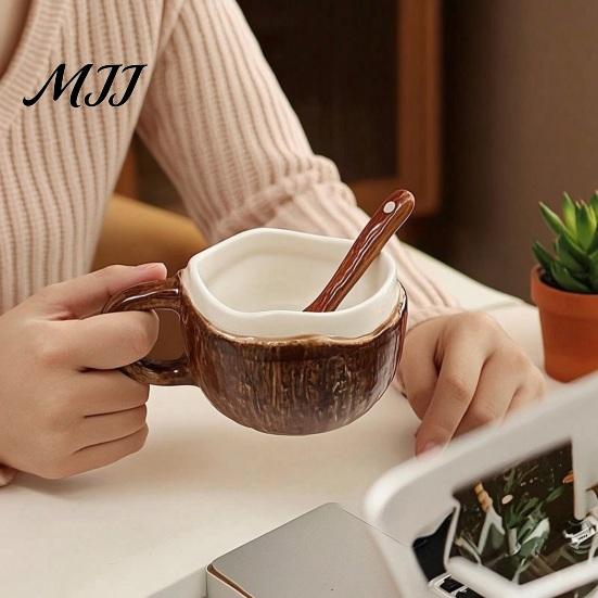 Coconut Shaped Ceramic Mug Vintage Shell Mug, Handmade Irregular Coffee Cup with Spoon, Style Texture Rustic Breakfast Oatmeal Tea for Home