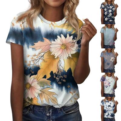 Women's Fashion Casual Flowers Printed Round Neck Short Sleeve Top Blouse
