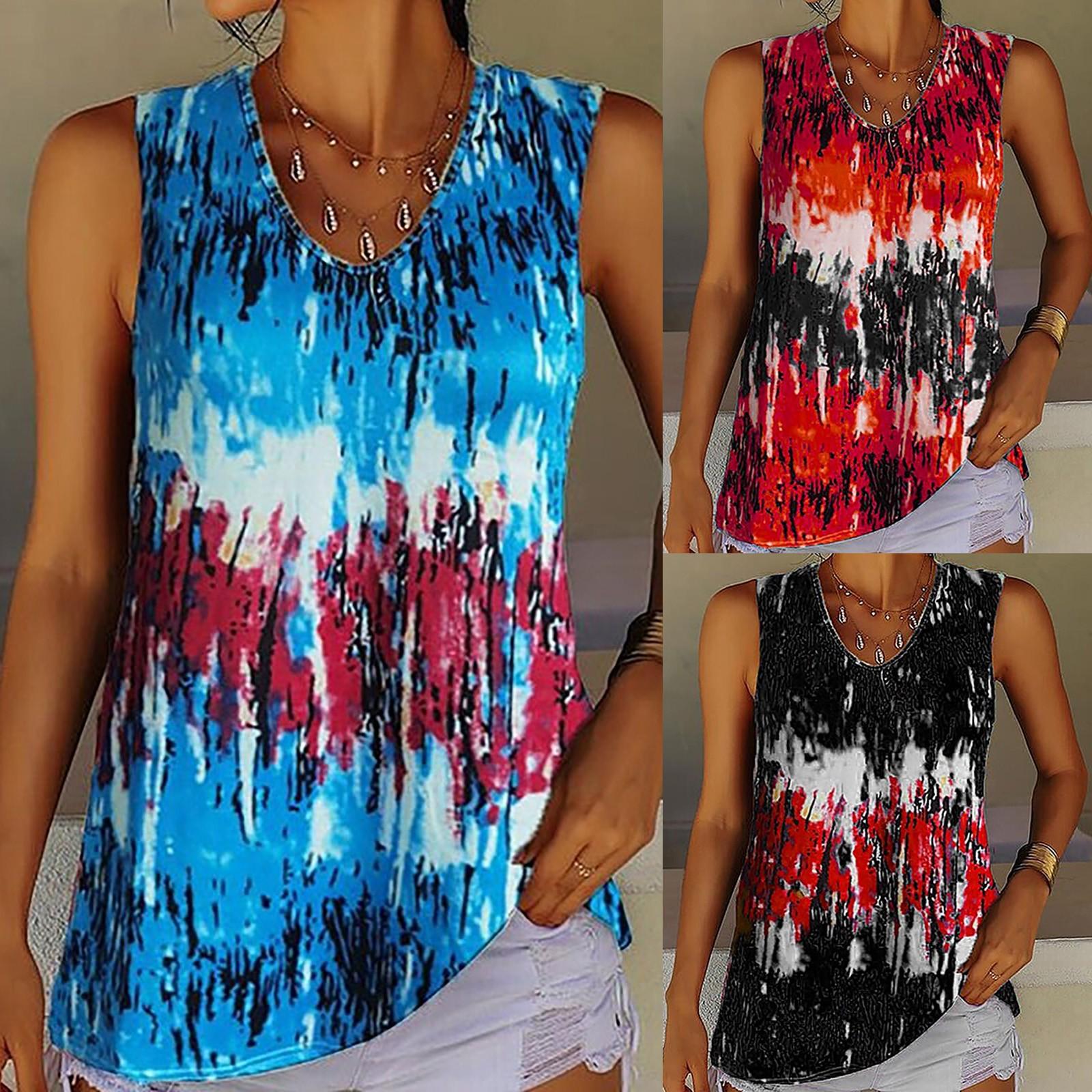 

Мода женщин Летний галстук-краситель круглый шея Sleeveless Undershirt Случайные Ти Топы