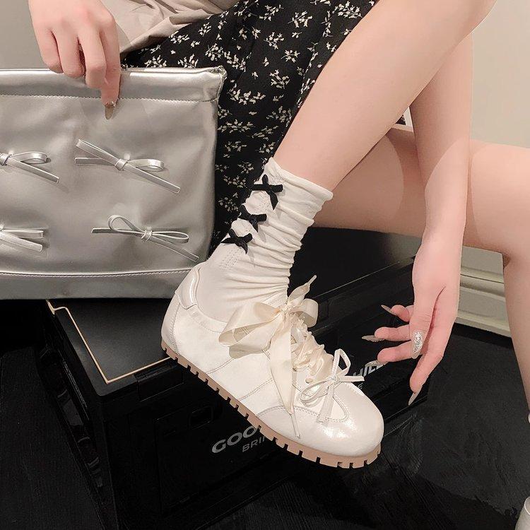 Bow German training shoes women's 2025 summer new soft-soled flat-soled pink ballet shoes casual versatile white shoes