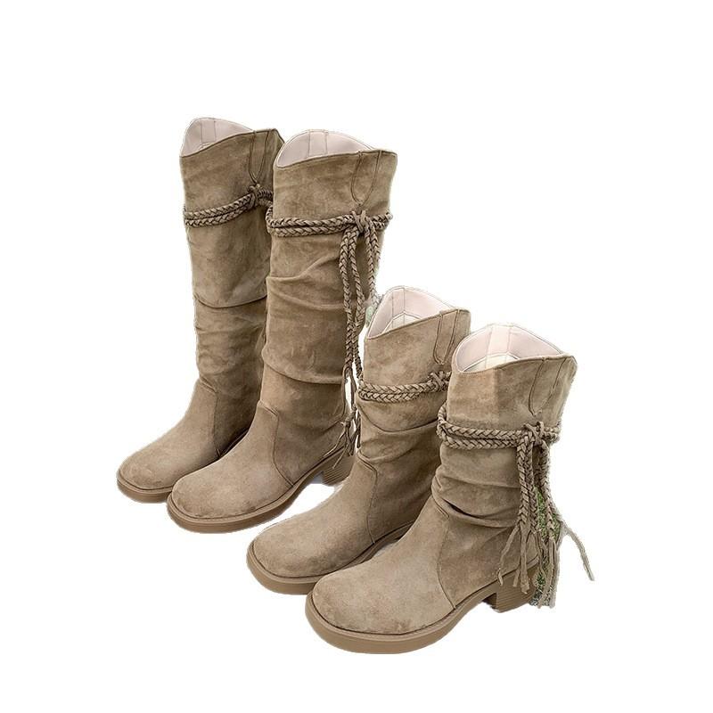 Brown short boots women's 2025 new autumn and summer thin pile boots retro wasteland wind fringed knight boots Europe and America