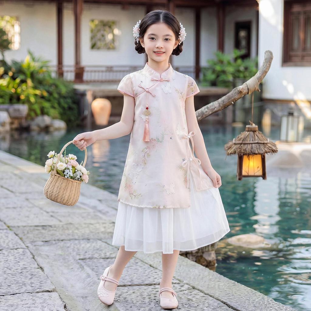 Girls' Summer Cheongsam Hanfu Princess Dress - New Chinese Style Floral Embroidery Costume