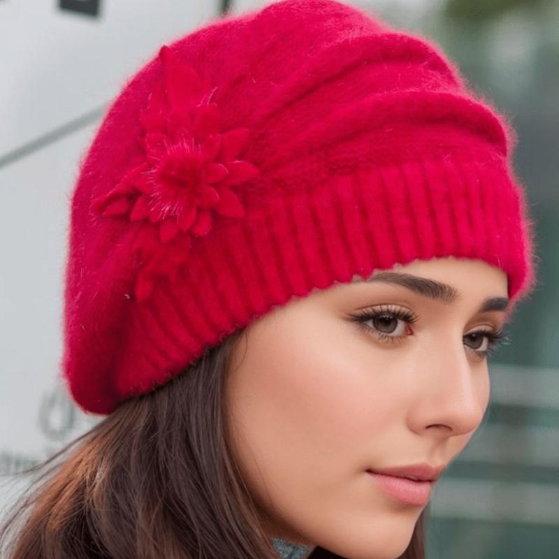 1 Pc Cozy Knit Beret for Women - Warm, Stretchy Acrylic Winter Hat with Ear Protection, Perfect for Skiing & Outdoor Gatherings