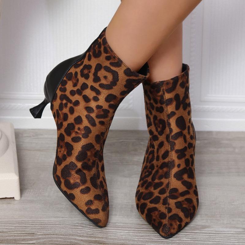 Fashion Women Leopard Ankle Boots Pointed Toe Sexy Heels Autumn Short Plush Shoes 2024 Trend Winter Suede Snow Botas Mujer Party Pumps