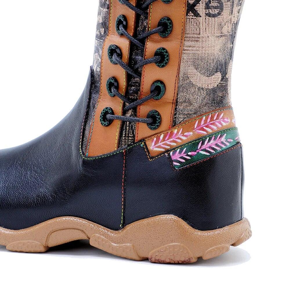 Johnature Genuine Leather Patchwork Printed Long Boots Fashion Versatile Leopard Print Fur Collar Women Shoes
