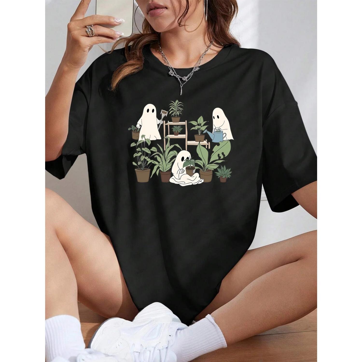 

Halloween Ghost & Plant Graphic Womens T-Shirt - Casual Loose Fit Round Neck Tee with Short Sleeves - Perfect for Sports S чёрный