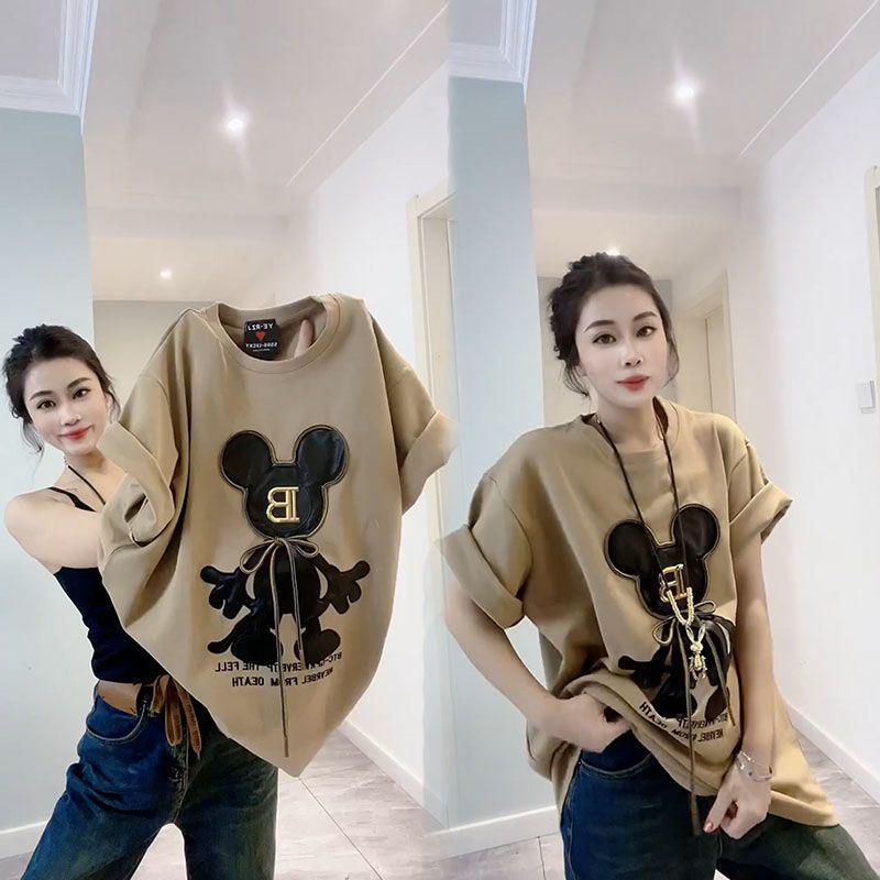 

Plus Size Women’s Mid-Length Heavy Fleece T-Shirt, Short Sleeve, Loose Fit for Spring and Autumn (Fits 2-300 Jin) L 90-120 jin хакі