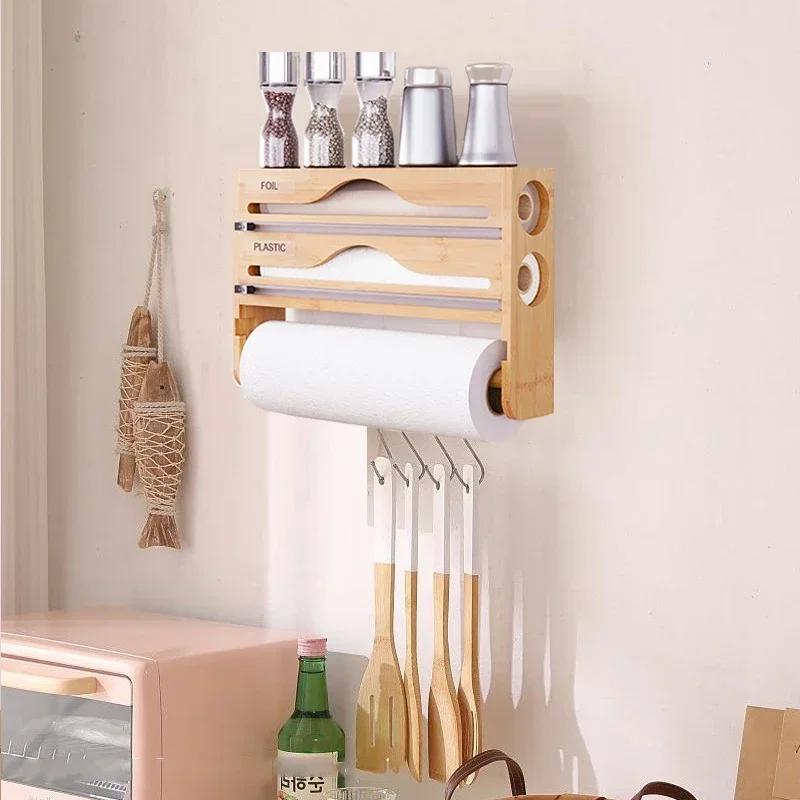 Bamboe Compartiment Vershoudfolie Dispenser Snijdoos Met Keukenpapier Wandmontage Handdoekhouder Keuken Organizer Accessoires