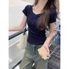 Summer New Blue Front Shoulder Short-sleeved T-shirt Short Open Button Tight Body Pure Want To Show Collarbone Korean Top Women
