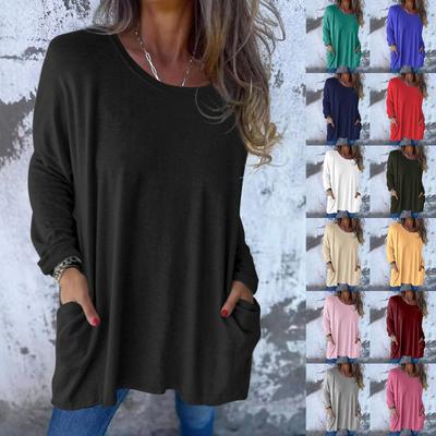 Women's Fashion Casual Solid Color Long Sleeve Loose Crewneck Pocket Top
