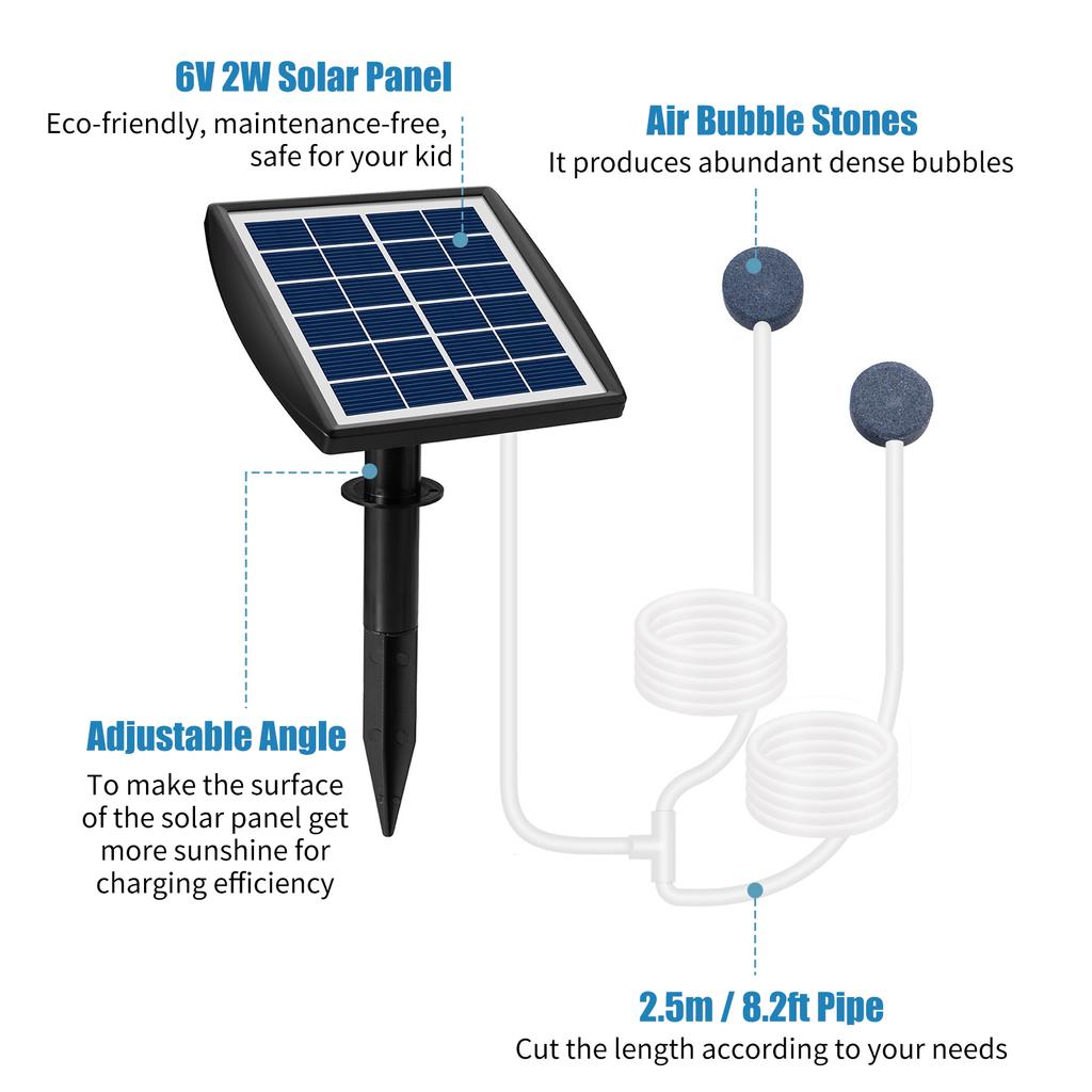 6V 2W Plug-in Solar-Sauerstoffpumpe mit 8,2ft Rohr 2 Luftblasensteine ​​Aquarium Oxygenator Aquarium