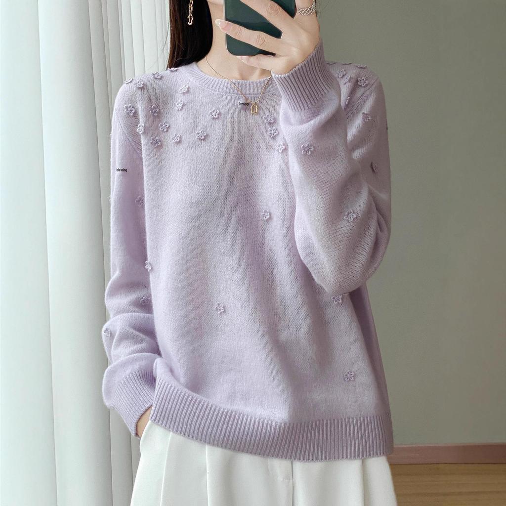 2025 Autumn/Winter Women's Pure Wool Embroidered Round Neck Knitwear Sweater: Long Sleeve, Loose Fit