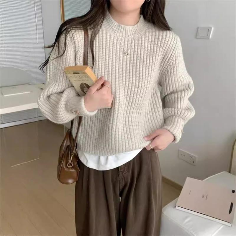 New autumn and winter solid color thickened lantern sleeve pullover sweater women's design sense fashion inside knitted sweater tide