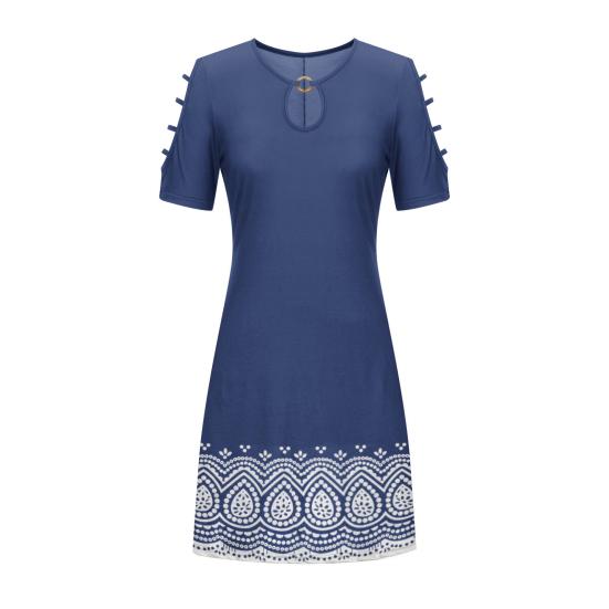 

Women s Summer Cold Shoulder Mini Dress Boho Short Sleeve Round Neck A-Line Dress Casual Loose Beach Sundress for Office Party Vacation XXL темно-синього кольору