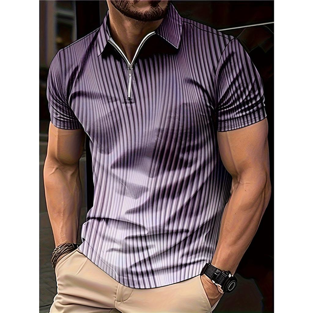 summer men's zippered short-sleeved POLO shirt features 3D striped pattern print for street casual
