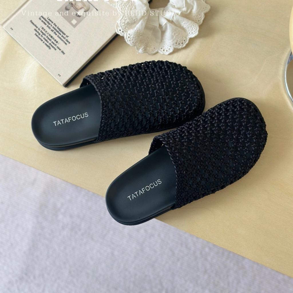 2025 new leather hand-woven retro bag head slippers wear thick bottom hollow one pedal lazy sandals woman