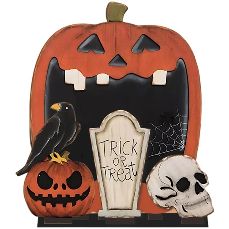 Handcrafted Scary Pumpkins Table Ornament Solid Wood Carving Halloween Home Festival Shelf Display 1