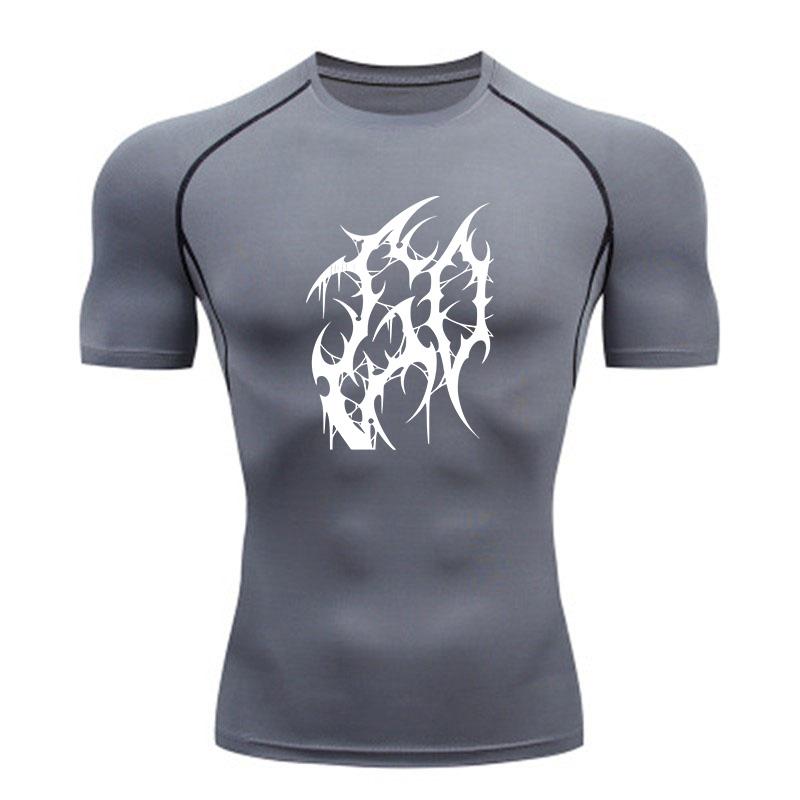 Men's Quick Dry Compression Athletic T-Shirt, White Extreme Brutal Death Metal Graphic Tee for Gym Workout Running Train