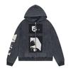 Mens Oversized Streetwear Hoodie With Distressed Zipper Graphic Print Cotton Long Sleeve Pullover Casual Wear
