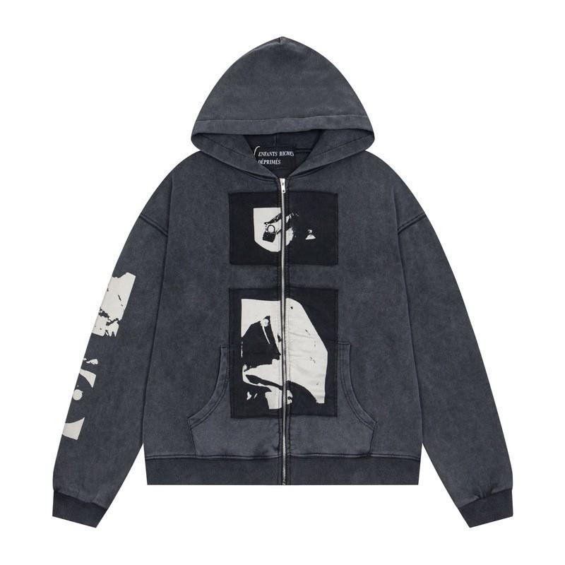 Mens Oversized Streetwear Hoodie With Distressed Zipper Graphic Print Cotton Long Sleeve Pullover Casual Wear