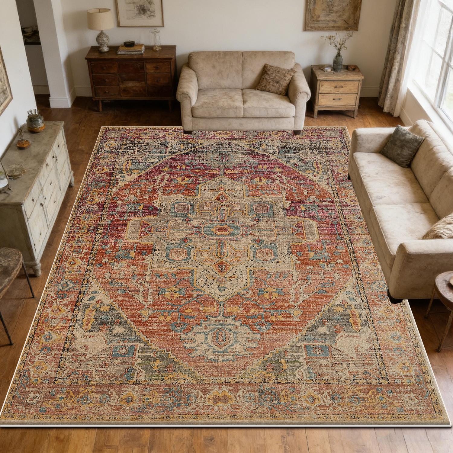 

Distressed Persian Style Living Room Carpet Decoration Bedroom Bedside Antiskid Soft Rug Large Area Easy Clean Fluffy Floor Mats 60x90cm