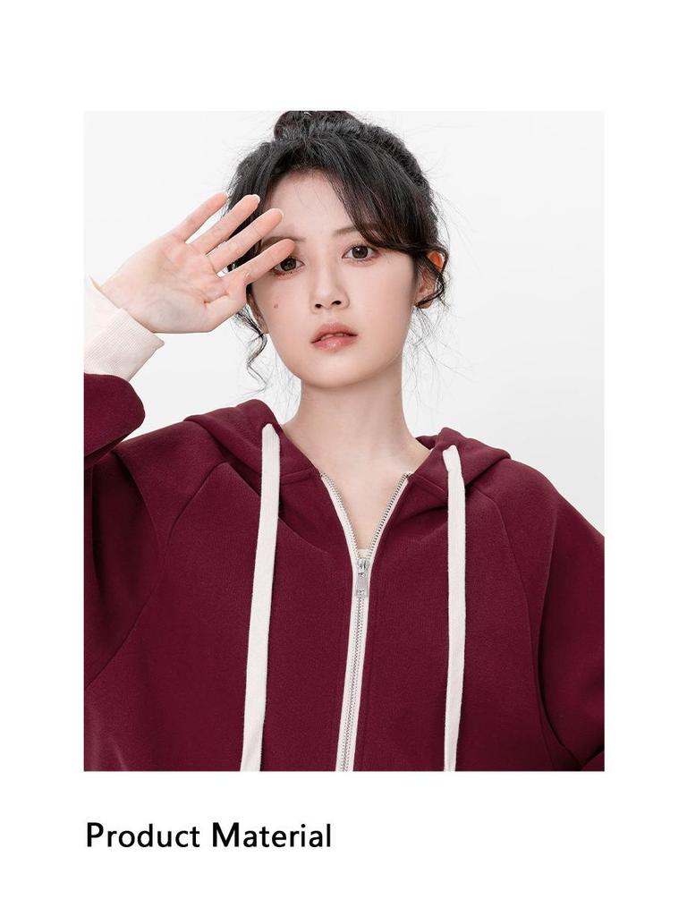 Women's Burgundy Raglan Zip-Up Hooded Sweatshirt Jacket - Spring/Autumn 2025 Design