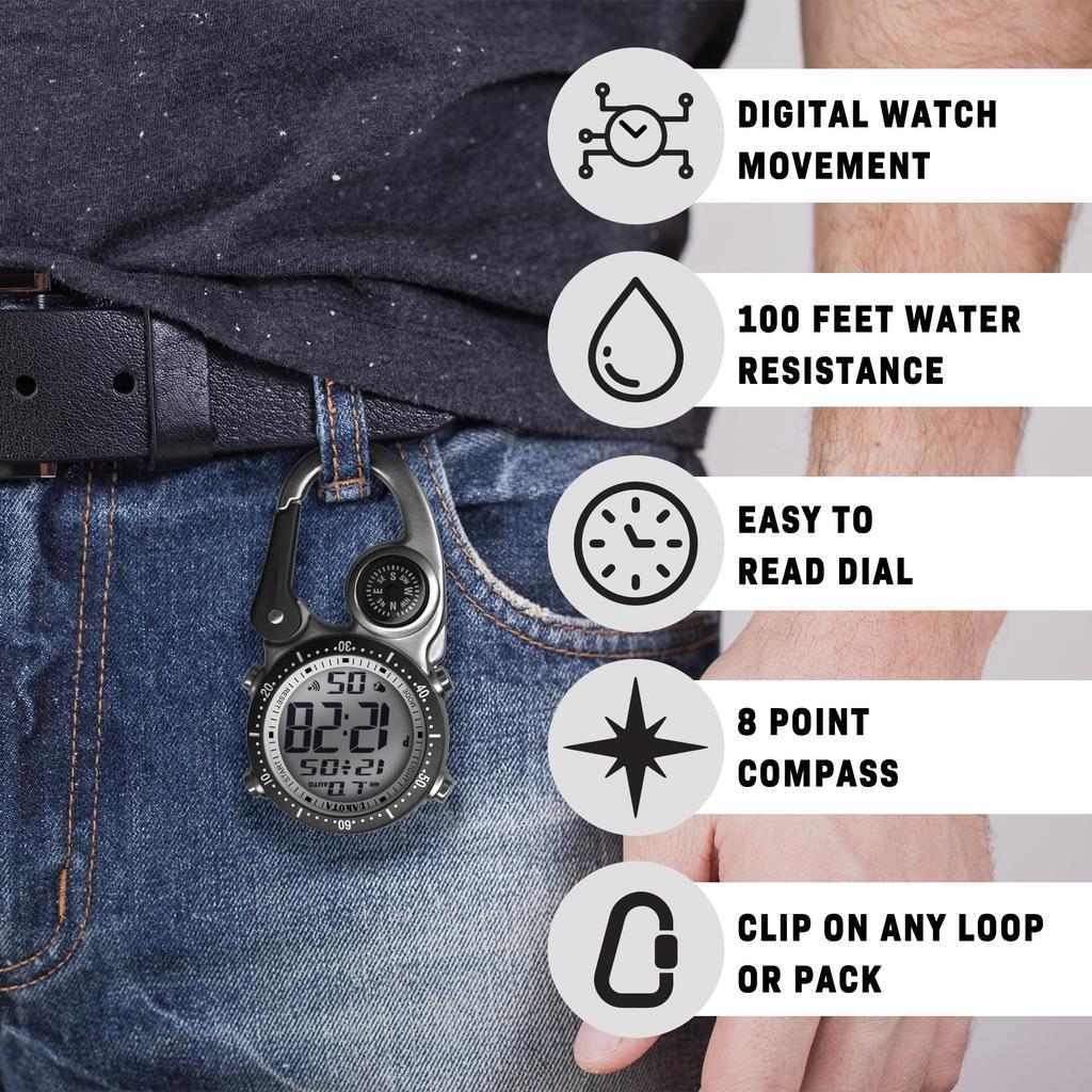 Dakota Pocket Watch with Carabiner, Digital, Waterproof, Alarm, Stopwatch, Timer, Compass, for Outdoor Activities, Camping, Hiking, and Travel
