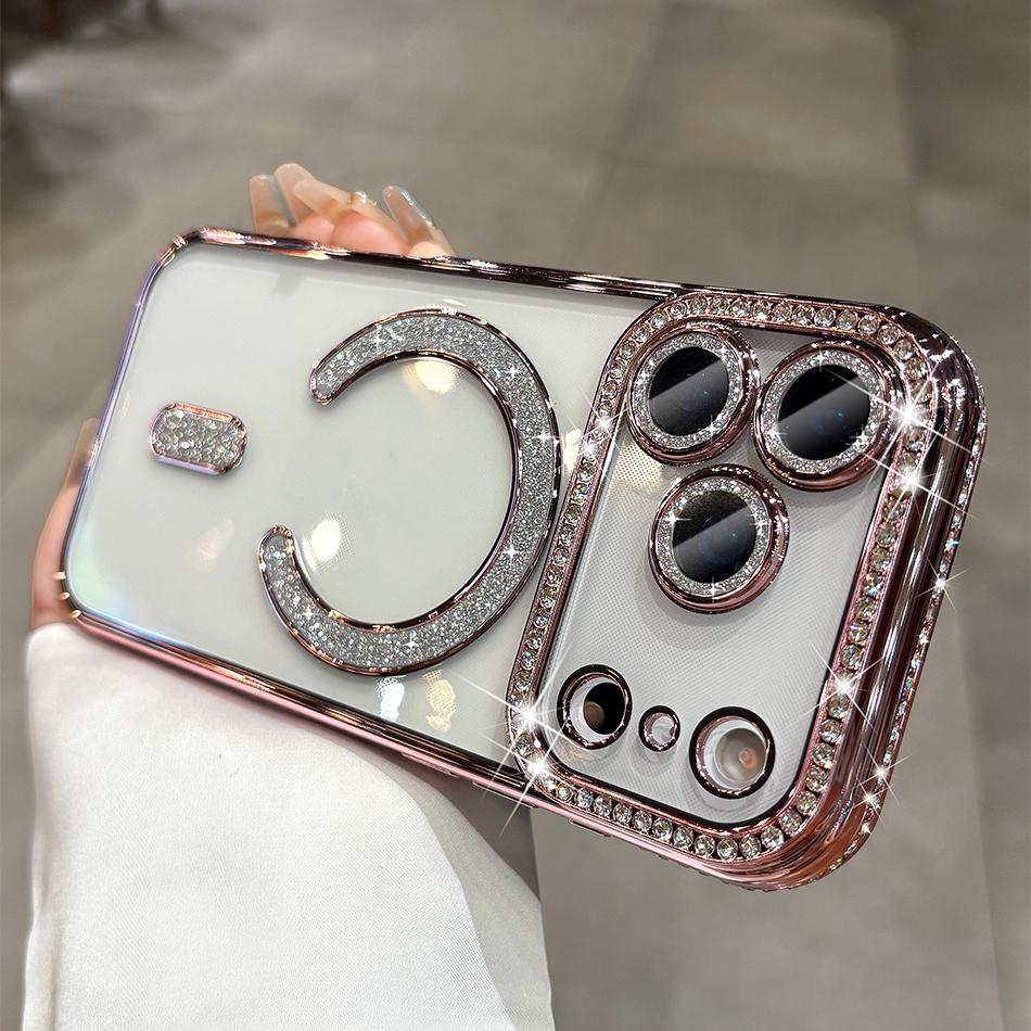 For iPhone Air 17 Pro Max Luxury Girl's Case Bling Diamond Lens Film for Magsafe Cover Case for iPhone 16 15 14 13 12 11 Pro Max