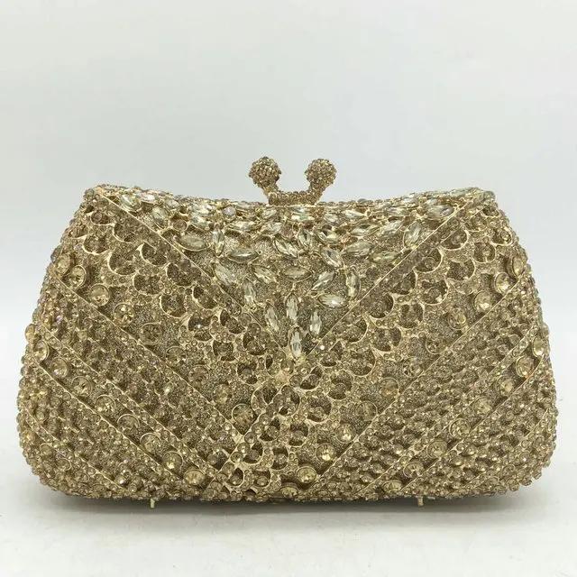

Boutique De FGG Elegant Women Gold Crystal Evening Clutch Purse Wedding Rhinestone Clutch Bag Party Diner Diamond Metal Handbags Mini Size золотой