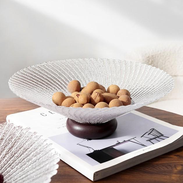 Vintage Glass Fruit Bowl with Wooden Base - Modern Home Coffee Table Snack & Dried Fruit Plate, Personalized & Exquisite Design Chinese Wooden Base