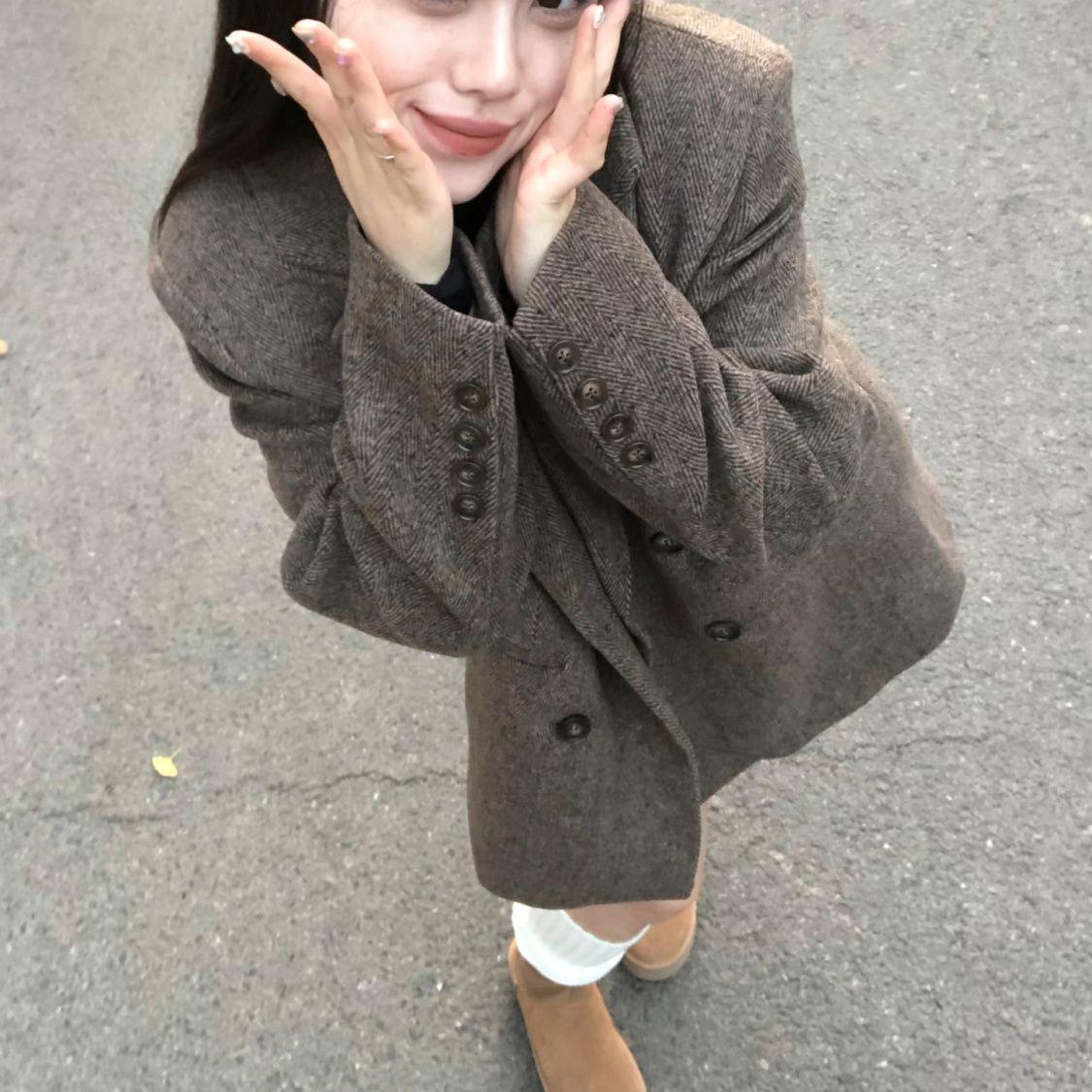 

Винтажный коричневый шерстяной пиджак, женский зимний элегантный свободный повседневный утолщенный шерстяной пиджак L