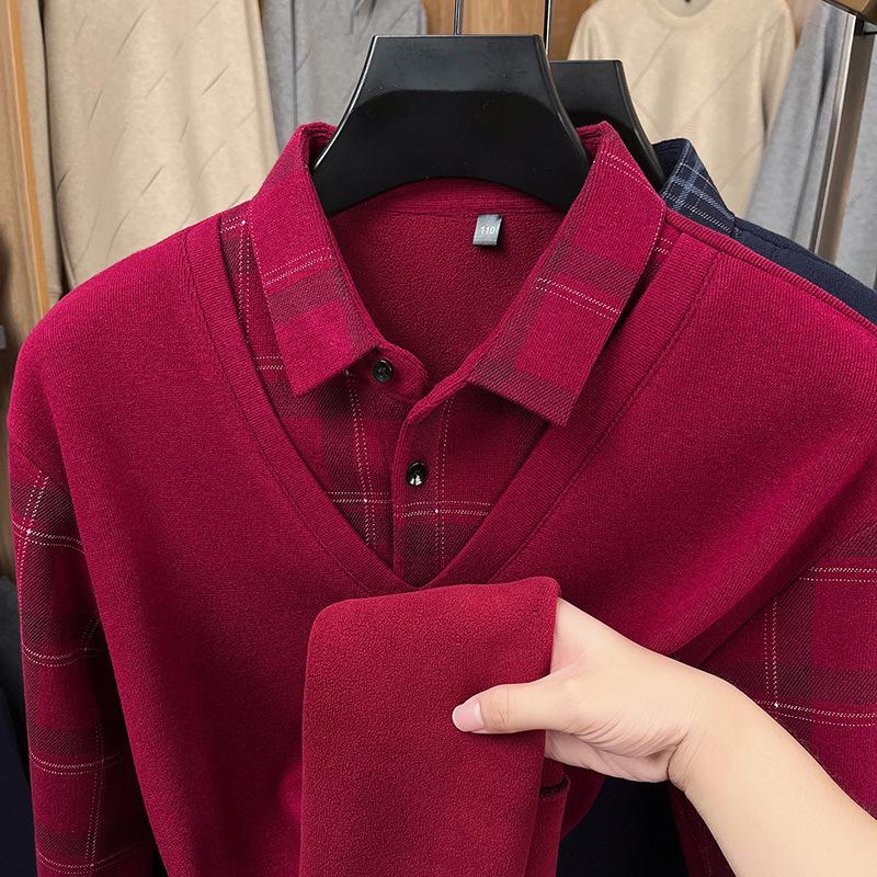 Men's 2025 Winter Plus Velvet Faux Two-Piece Lapel Knitwear for Middle-Aged & Elderly Dads