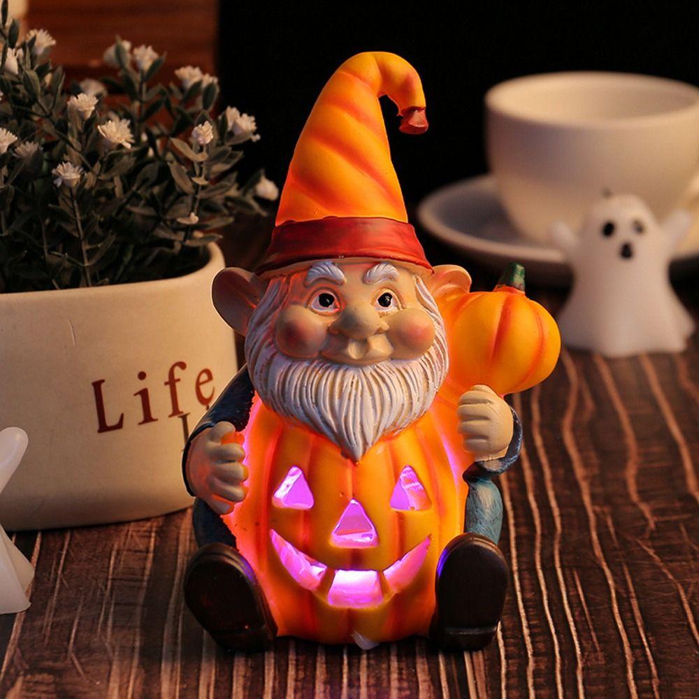 Cute Halloween Gnome Pumpkin Statues with Light Realistic Pumpkin Old Men Statue Funny Resin Crafts Halloween Ornaments