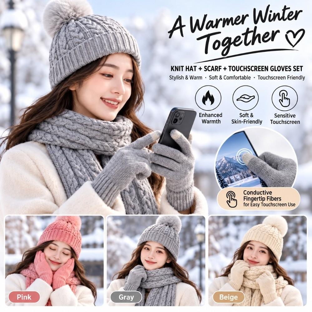 3Pcs/Set Thicken Winter Hat Scarf Gloves Set Warm Scarf Neck Warmer Suit Touchscreen Gloves  Unisex