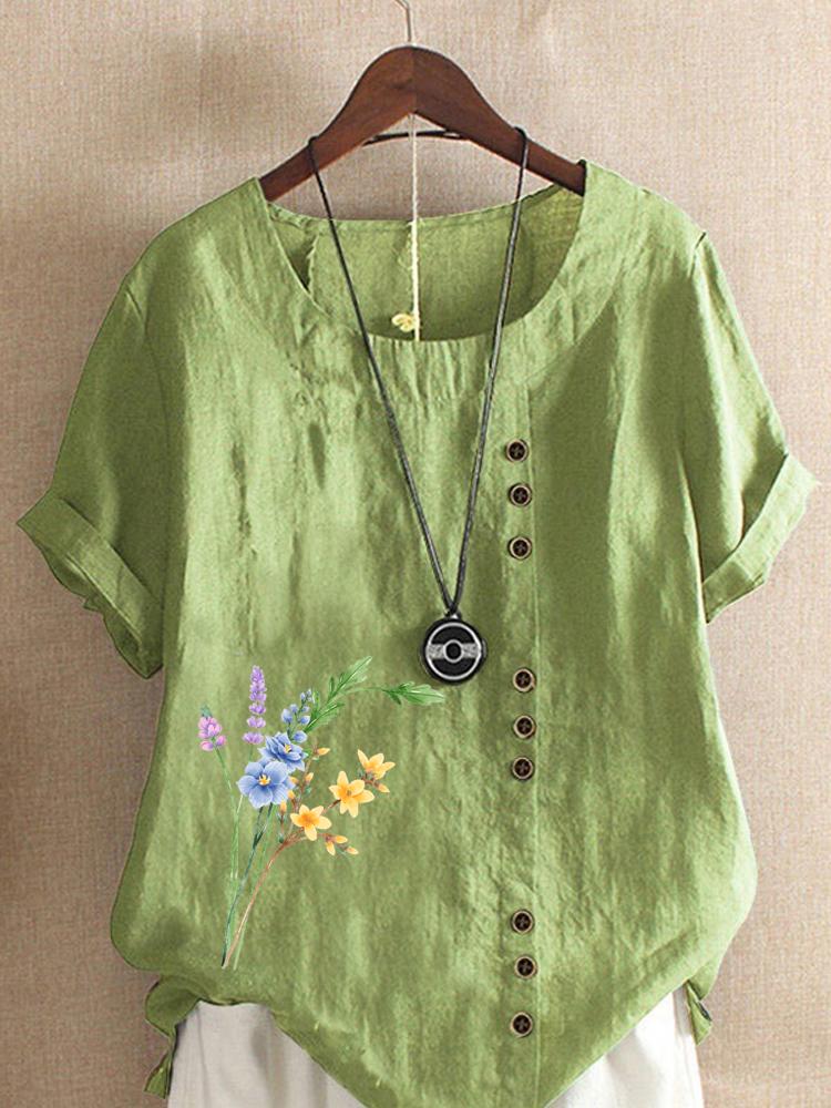 Women's Fashion Floral Print Casual Cotton Linen Short Sleeve Round Neck T-shirt Shirt Leisure Loose Summer Blouse Tops