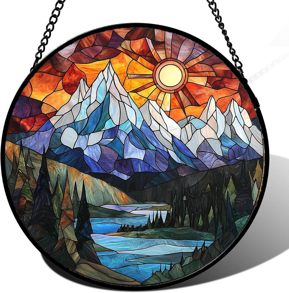 Stained Glass Window Hanging, Sunset Mountains Lake Tree Sun Catcher for Window Home Decor Landscape Suncatcher Mother's Day Birthday Gifts 7.8 in