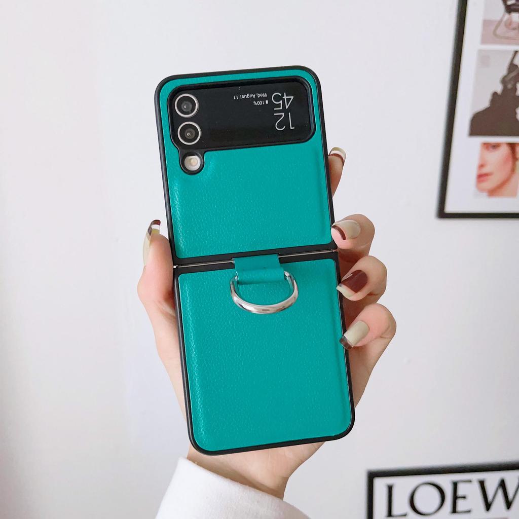 Samsung Z Flip7/6/5 Leather Pattern Ring Case - Drop Protection, Solid Color, Foldable Phone Cover